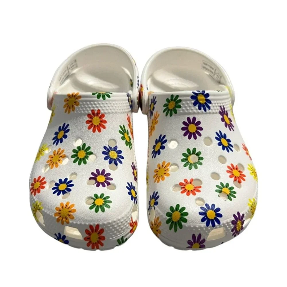 NEW Crocs C12 White Daisy Rainbow Clogs Sandals